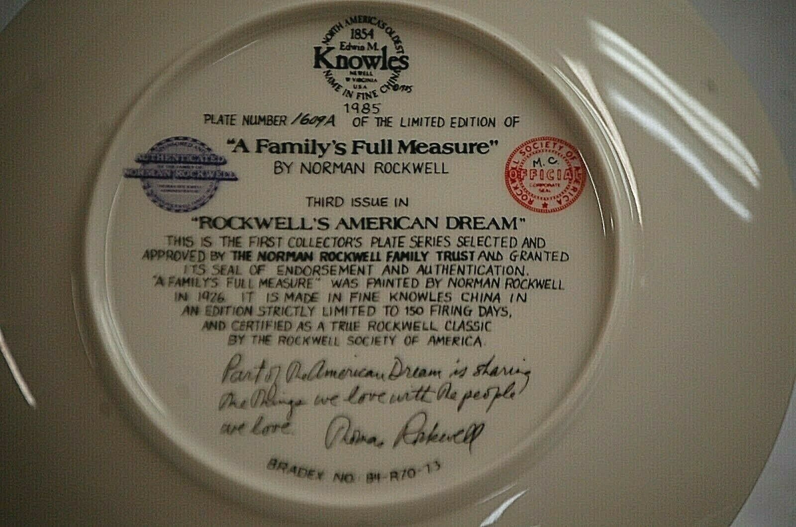 Rockwell's American Dream 1985 Collector Plate A Family's Full Measure COA 1609A Item image 4