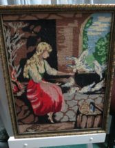 GJM Vintage Framed Wool Tapestry Scandinavia Woman With Birds 21&quot;T x 17&quot;W - £38.76 GBP