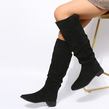 new High Quality Pleated Boots Women Black Nude Faux Suede Flock Knee High Boots - £37.75 GBP