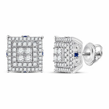 14kt White Gold Womens Round Diamond Blue Sapphire Square Earrings 1 Cttw - £898.76 GBP