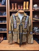 Western Wear Unisex Leather Beaded Jacket Exclusive Indian American Frin... - $89.67+