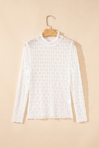 Beige Sheer Mesh Patterned Lettuce Trim Slim Long Sleeve Top - $10.95