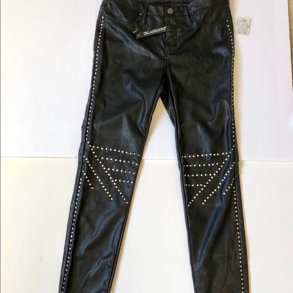 Women Straight Studded Genuine Black  Leather  Pants Mono ectric Jeans