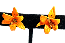 Vintage Gold Color &amp;Orange Fabric Flower Clip on Earrings - £12.60 GBP