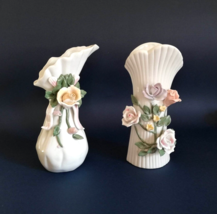 Art Nouveau Barbotine Vase Pair, Porcelain Floral Urns, Hand Made Majolica Set - £39.56 GBP