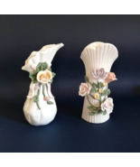 Art Nouveau Barbotine Vase Pair, Porcelain Floral Urns, Hand Made Majoli... - $67.68 CAD