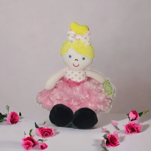 Okie Dokie Baby Doll Rattle Plush Pink Polka Dots Blonde Stuffed Dress 2016 11" - $10.96