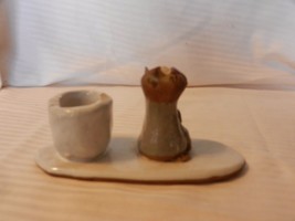 Whimsical Brown and Blue Cat Toothpick Holder, Handmade Gloss Pottery - $30.00