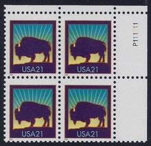 3467 - 21c Plate# Block of 4 &quot;American Buffalo&quot; Cat $27.50 Mint NH - £16.60 GBP