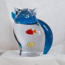 VTG Murano Glass Art Cat With Goldfish Makers Mark Sticker Hand Blown 5.5 Inch  - £50.45 GBP