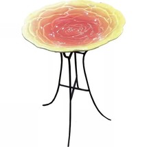 Outdoor Yellow Pink Ceramic Floral Birdbath with Metal Stand - $138.99