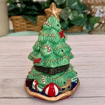 Porcelain Hinged Christmas Tree Trinket Box W Gold Star Green &amp; Red Lidded 4.75&quot; - $8.43