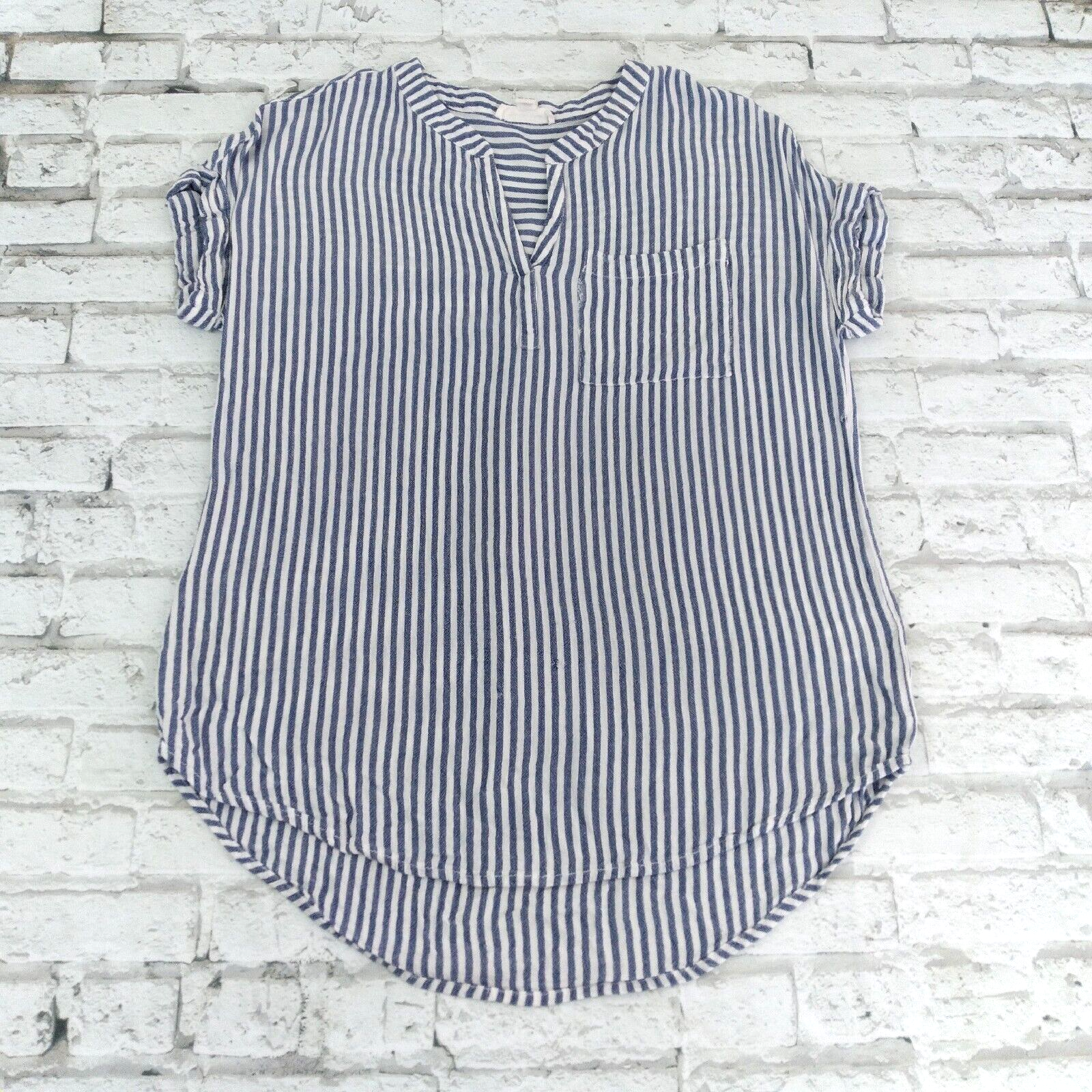 Beach Lunch Lounge Top Womens Small Blue Striped Cuffed Short Sleeve Poc... - $13.99