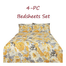 Floral Printed Bed Sheets Set   4-pc Yellow Floral Pattern Full Queen King Size - £28.40 GBP+