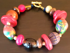 Vintage Glass Wood Plastic Bead Toggle Clasp Bracelet Red Multicolor Y2K - £3.94 GBP