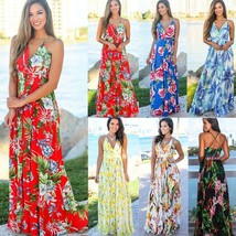 Spaghetti strap V-neck open back printed beach dress off shoulder maxi d... - $32.20