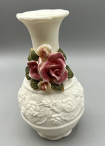 Bud Vase White Embossed Flowers Pink Rose  Porcelain Rose 5 x 5 Inches - $11.30