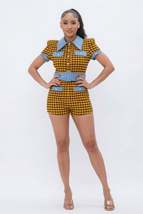 Yellow Plaid Print Denim Belted Front Button Up Romper - £19.69 GBP