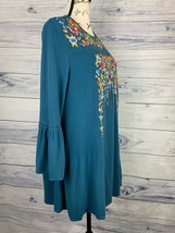 Umgee Floral Embroidered Mini Dress Womens L Teal Keyhole Rayon Bell Sle... - £10.61 GBP