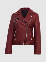 Women Biker Leather Jacket Maroon Black Color Lapel Collar Zipper Pocket... - $199.99
