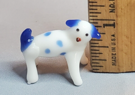 Miniature Blown Glass Dog Figurine Hand Spun Figure Japan White &amp; Blue Vintage - £9.43 GBP