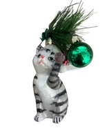 Noble Gems Gray Tabby Cat in Santa Hat Hand blown Glass Ornament 5 in - $23.26