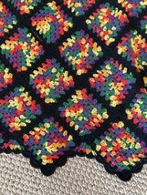 Vtg Large Afghan Blanket Throw Hand Made Crochet Granny Square 68”x84” Rainbow - £92.95 GBP