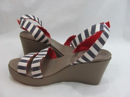 Crocs Women&#39;s Leigh Sandal Size 7 Ankle Strap Wedge Blue White Stripe Ca... - $29.02