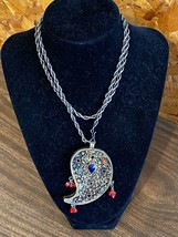 Vintage BOHO Ornate Paisley Pendant Coral Lapis Braided 13&quot; Chain Necklace Mark - £10.51 GBP