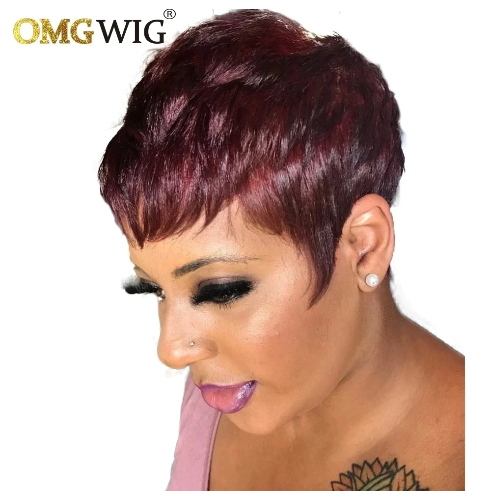 Red Burgundy 99J Color Short Bob Pixie Cut Wig With Bangs Natural Straight Wave - £32.76 GBP+