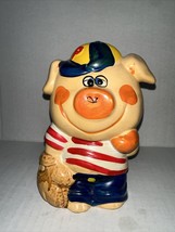 Vintage 1970s Pig Coin Bank Ceramic Hand Painted Boy with Baseball Glove 6.5&quot; - $22.44