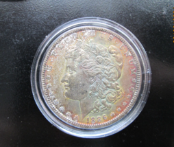 1886-P Morgan Dollar XF details Rainbow Toned in Airtight Old Cleaning - $32.99