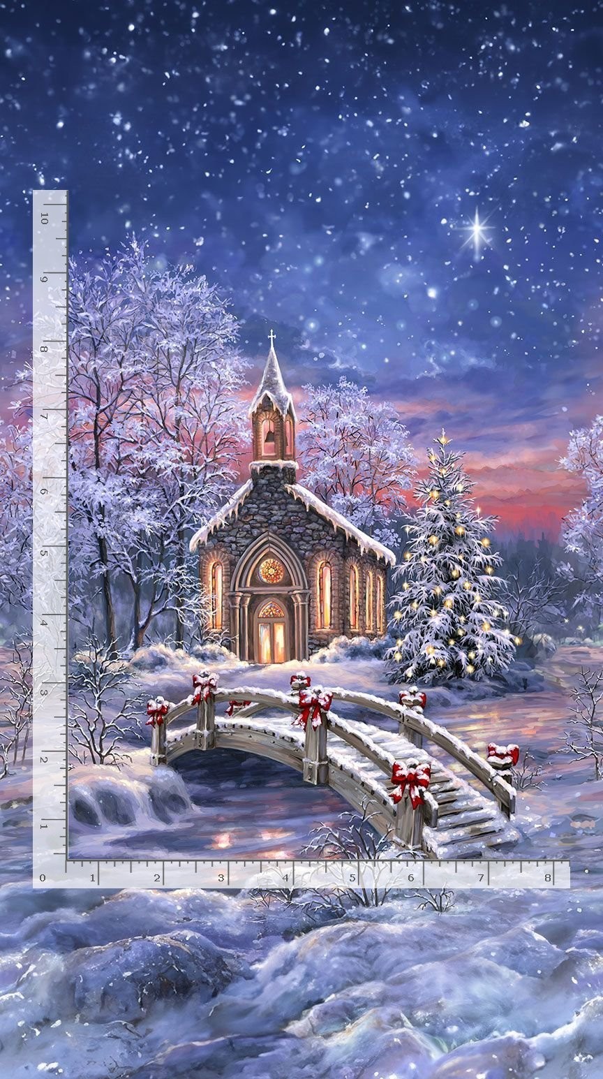 24&quot; X 44&quot; Panel Snowy Chapel Winter Christmas Snow Cotton Fabric Panel D... - $10.63