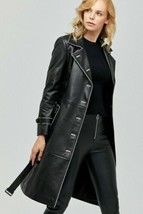 Halloween Lambskin Leather Trench Coat Women&#39;s Black Handmade Casual For... - $154.28