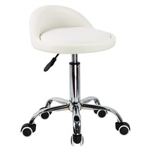 Pu Leather Round Rolling Stool With Back Rest Height Adjustable Swivel Drafting  - £70.33 GBP