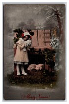 RPPC Little Girls w Pig Studio View Merry Christmas Tinted Photo Postcard U8 - £4.30 GBP