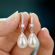 3.2Ct Simulated Pearl Drop/Dangle Earrings 14K White Gold Plated Silver - £78.88 GBP