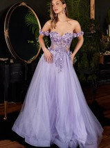 Beautiful Lavender Sweetheart A-Line Prom Gown Off The Shoulder 3D Flowers Lace  - £415.61 GBP