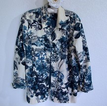 Coldwater Creek Floral Linen Open Jacket 3X Sequin Bead Embellished Blue... - $27.99