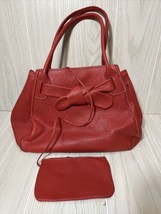 Red pebbled leather handbag satchel attached coin purse bow front - £11.86 GBP