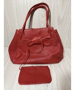 Red pebbled leather handbag satchel attached coin purse bow front - £11.76 GBP
