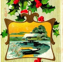 A Merry Christmas Gilt Holly Faux Wood Print Cabin Scene 1914 Embossed Postcard - £3.13 GBP