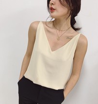 Summer White V-neck Chiffon Tops Women's Petite Size Loose-fit Tank Top Outfit image 7