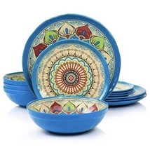 Elama Camilla 12 Piece Melamine Multicolor Mandala Design Dinnerware Dish Set - £37.12 GBP