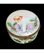 Limoges France La Gloriette Trinket Box White Cat Christmas Holly Hand P... - $2,701.44 MXN