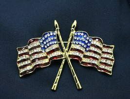  Double American Flag Rhinestone Brooch Pin Usa Patriotic Flag Pin - £14.21 GBP