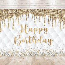 Gold White Happy Birthday Banner Decorations for Women Girls 7Wx5H Photography G - £17.64 GBP