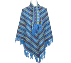 Blue Red White Multicolor Striped Tie Neck Fringed Mexican Poncho ONE SIZE - $25.00