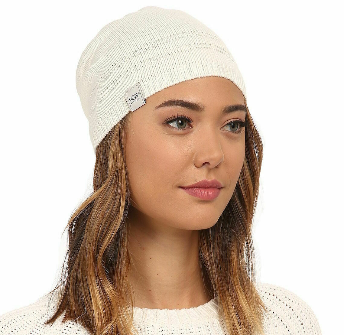 UGG Hat Knit Beanie Sequin Trim Cream - $44.54