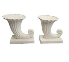 Pr Ceramic Bookends Vintage 1930s 1940s Horn Vase Planter Glossy Ivory White - £30.98 GBP